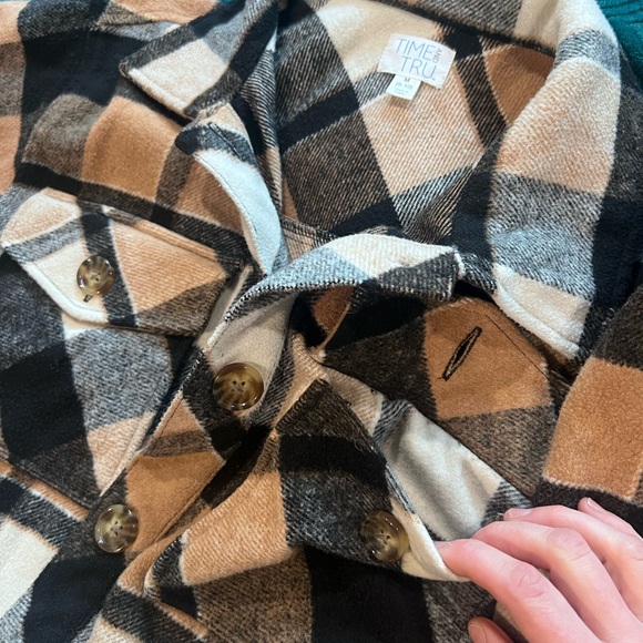 Time & True Plaid Shacket Pockets Black,Tan,&White Cottagecore Whimsy Urban - Picture 4 of 11